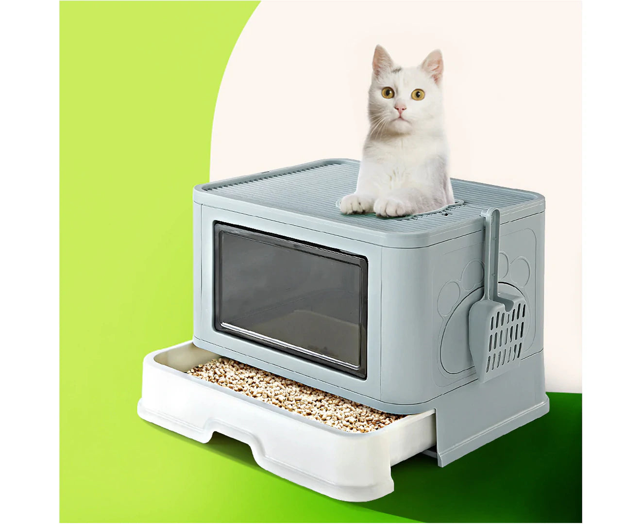 Foldable Cat Litter Box Enclosed Kitty Toilet Hooded Tray Set with Litter Scoop Large Green