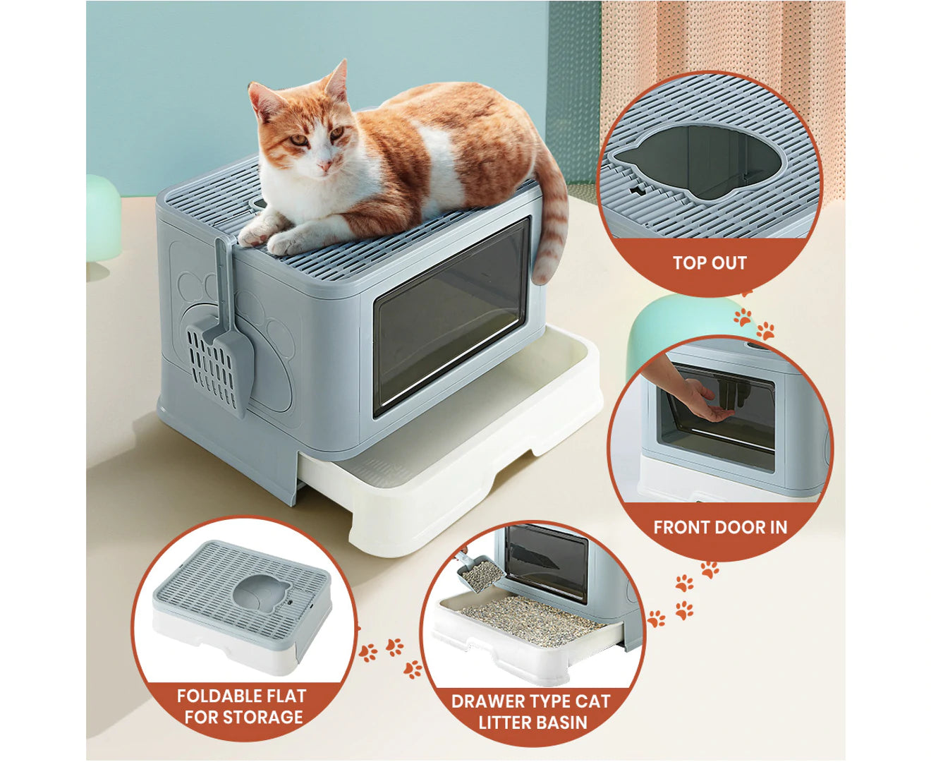 Foldable Cat Litter Box Enclosed Kitty Toilet Hooded Tray Set with Litter Scoop Large Green