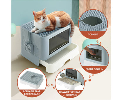 Foldable Cat Litter Box Enclosed Kitty Toilet Hooded Tray Set with Litter Scoop Large Green