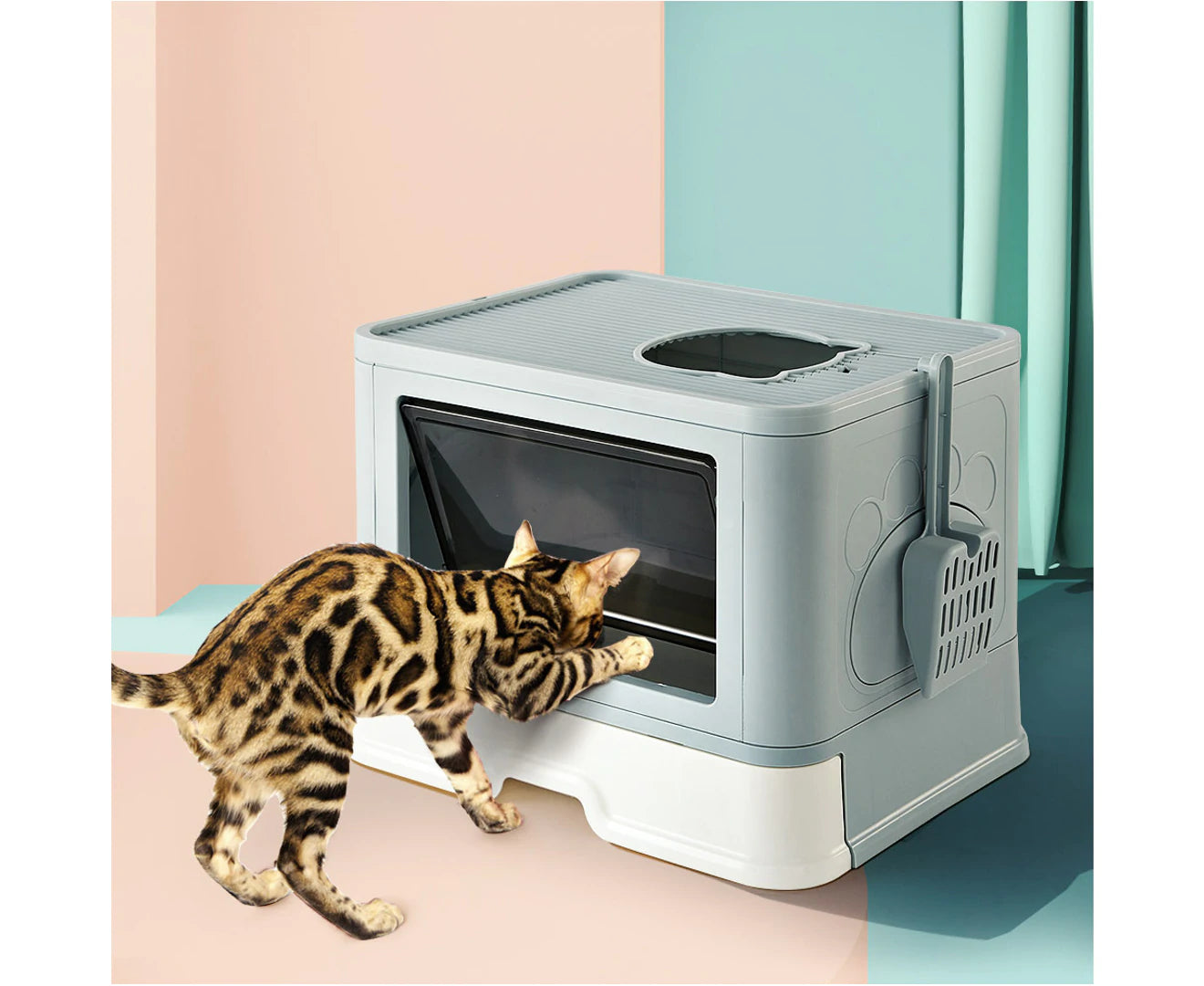 Foldable Cat Litter Box Enclosed Kitty Toilet Hooded Tray Set with Litter Scoop Large Green