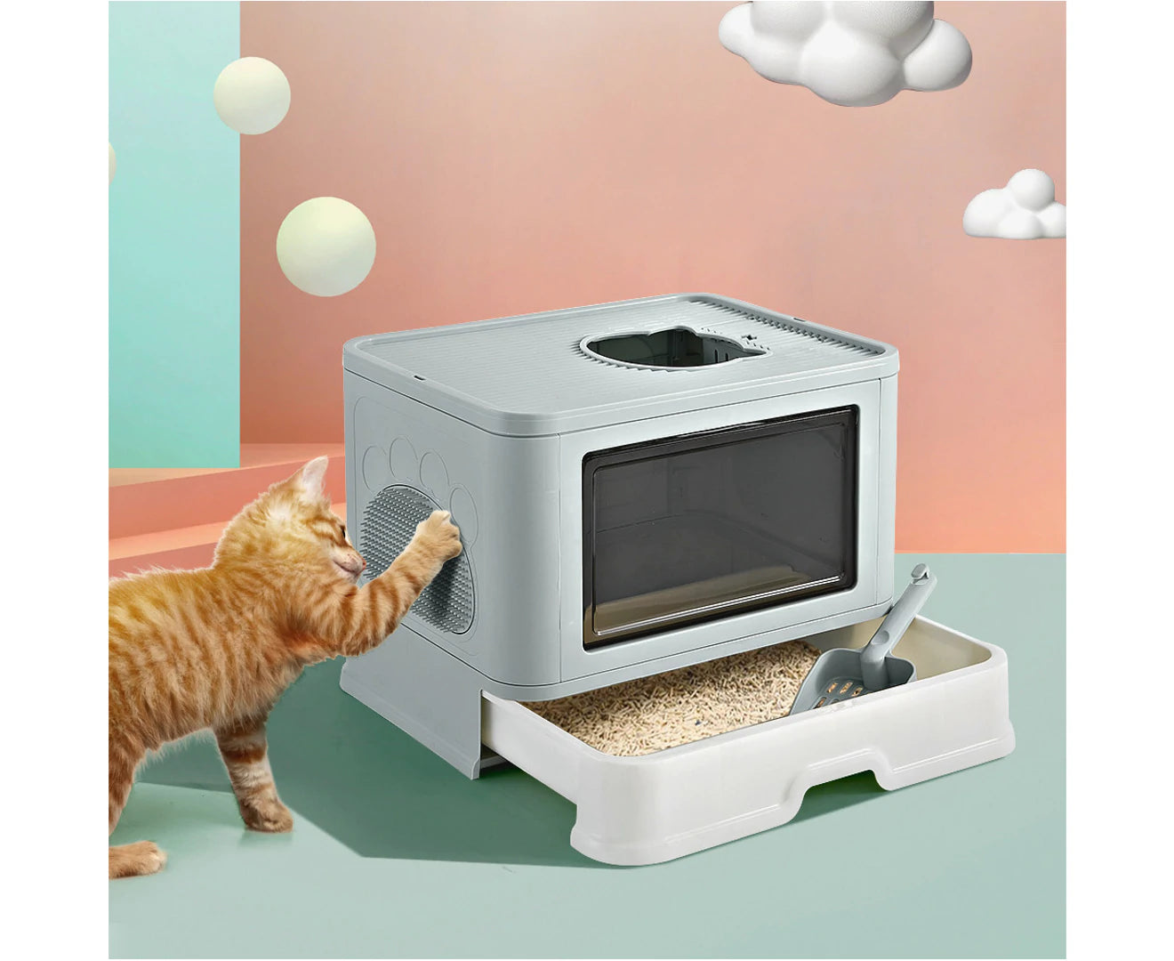 Foldable Cat Litter Box Enclosed Kitty Toilet Hooded Tray Set with Litter Scoop Large Green