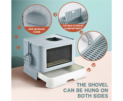 Foldable Cat Litter Box Enclosed Kitty Toilet Hooded Tray Set with Litter Scoop Large Green